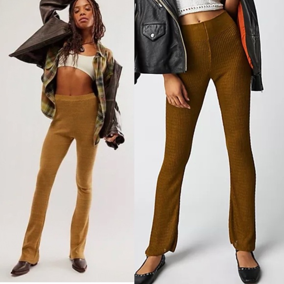 Free People Golden Mustard‎ Yellow Sweater Knit Flare Leg Pants Knit Leggings S - Picture 1 of 9